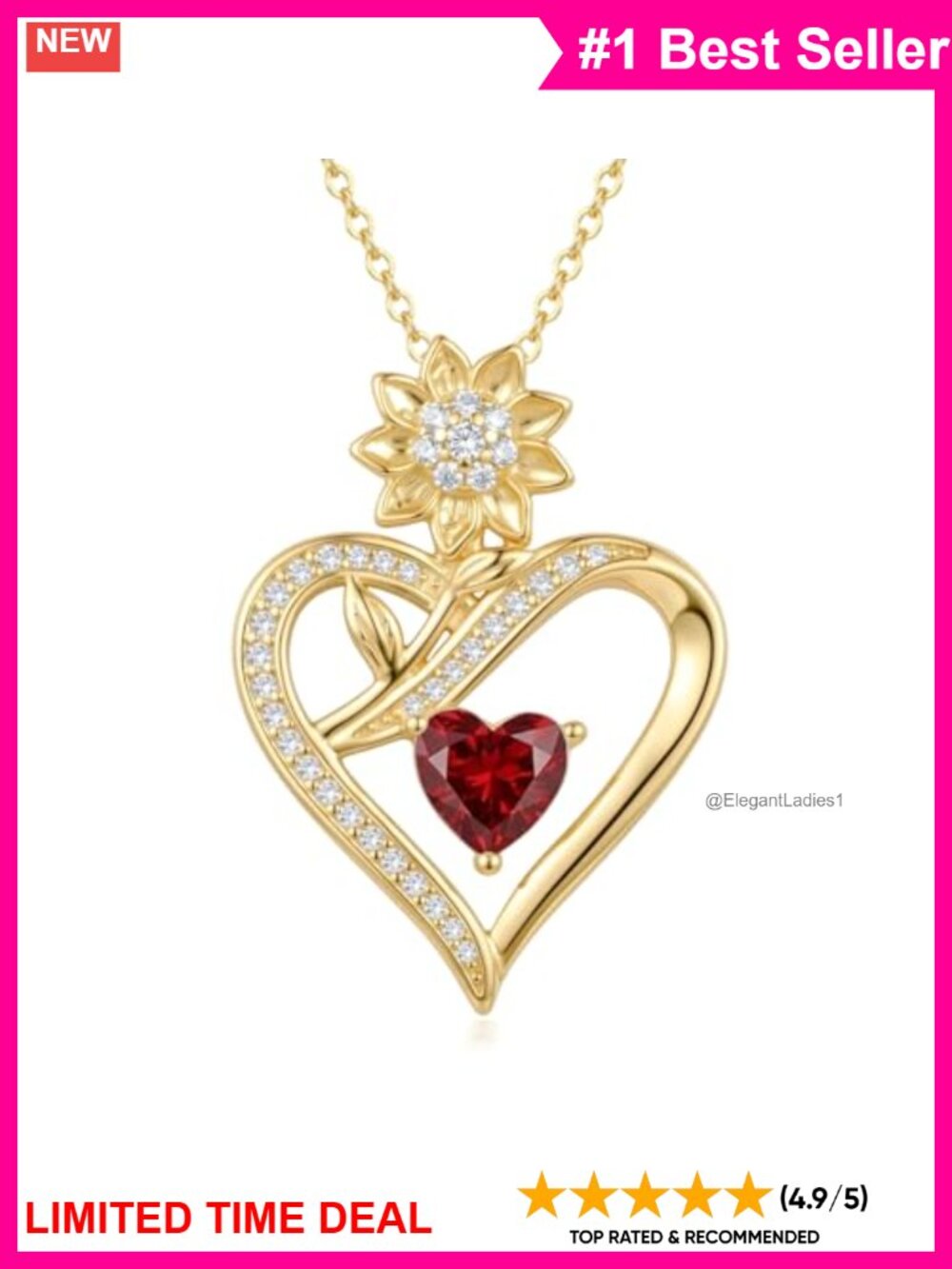 14K Gold Plated Sunflower Heart Birthstone Pendant Necklace